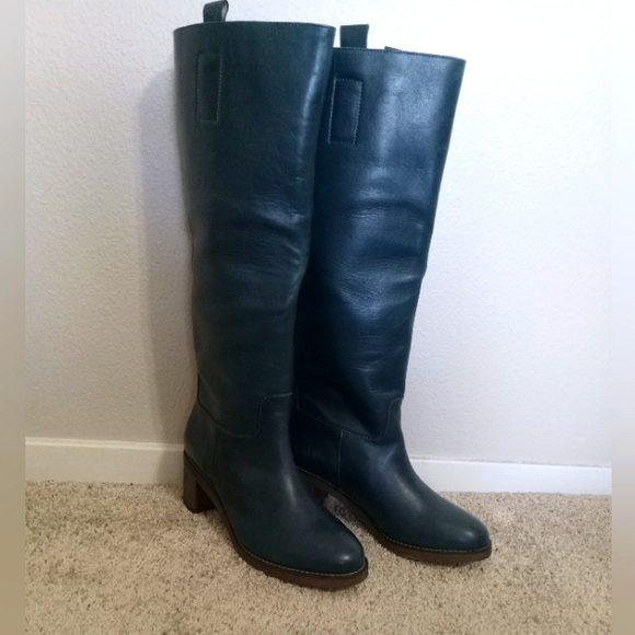 New Free People Tall Leather Tabby Boots in Teal Block Heel Size 38/ 7.5-8 - Picture 3 of 15